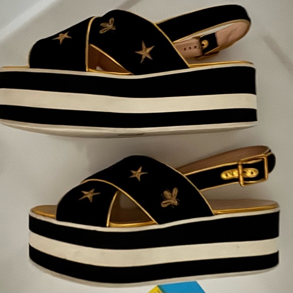 Gucci Bee Embroidered Criss Cross Platform Sandals Black Size 37 1/2 - Picture 2 of 14